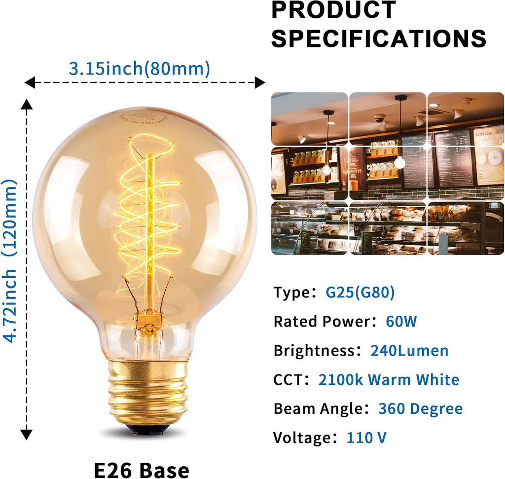 G25 Globe Edison Light Bulb, 60W Vintage Round Edison Bulb, Vintage Light Bulb, Old Fashion Dimmable Retro
