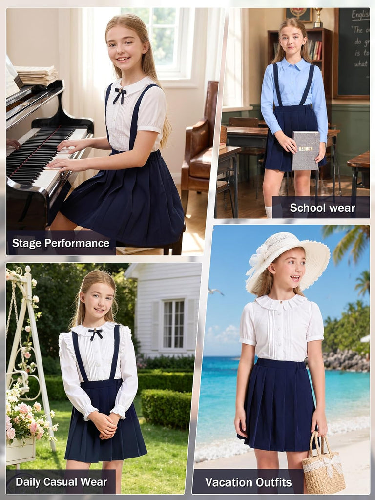 Girls Pleated Skirt Kids Suspender Uniform Skort Elastic Formal Overall Dress with Removable Straps