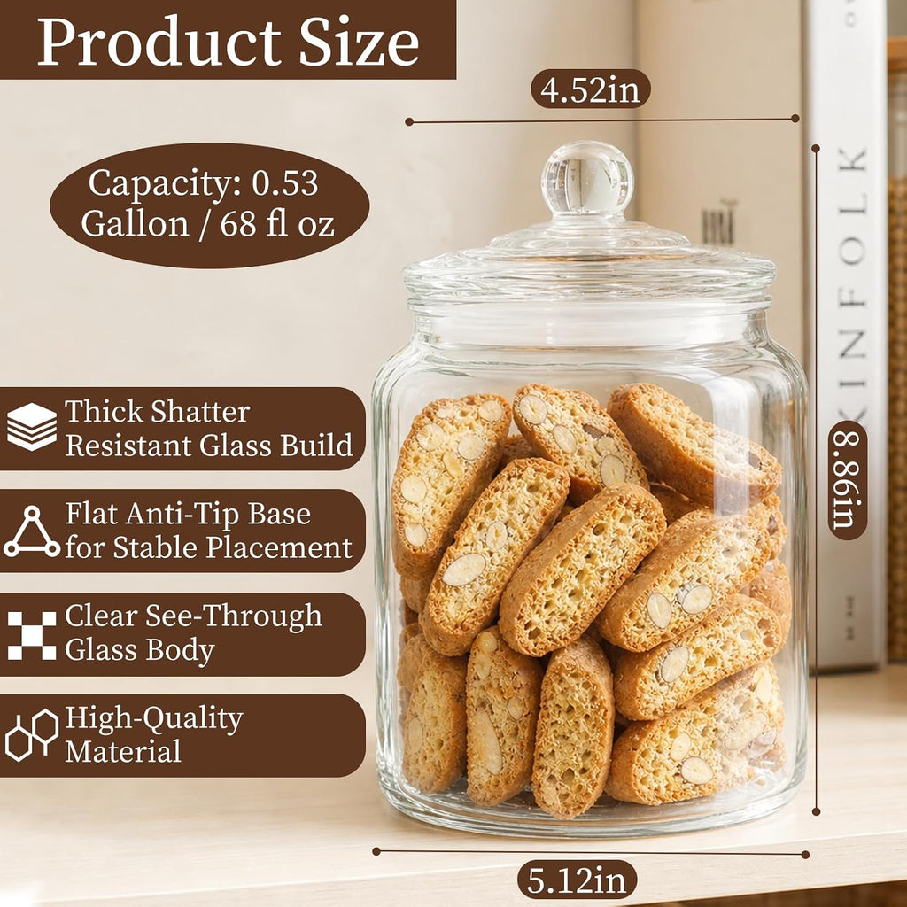 Biscotti Jar, 1/2 Gallon Wide Mouth Glass Cookie Jar, Glass Canisters with Airtight Lids, Kitchen Canisters