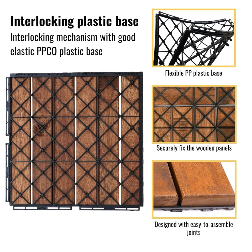 10 Pcs Acacia Wood Interlocking Deck Tiles, 12" X 12" Patio Deck Tiles, Outdoor Patio Flooring for Balcony, Garden