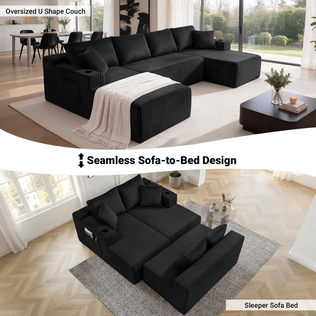 124" Cloud Boneless Couch, Oversized Sectional Couches, Modern Modular Couch with Cup Holders, Black Comfy Corduroy U