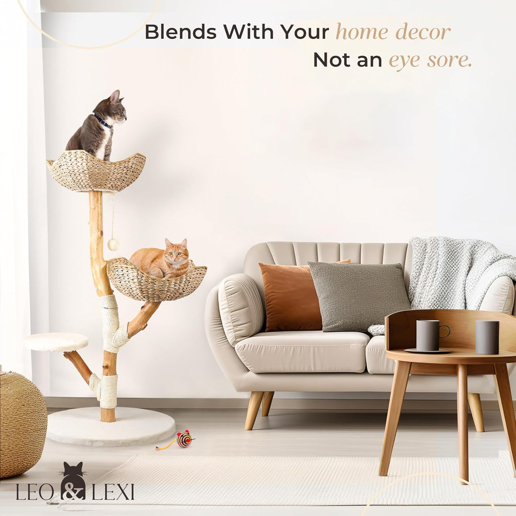 Aesthetic, Real Wood Modern Cat Tree. 46 inches Tall, Sturdy, Solid Natural Wood Tower for Large Cats. Scratching