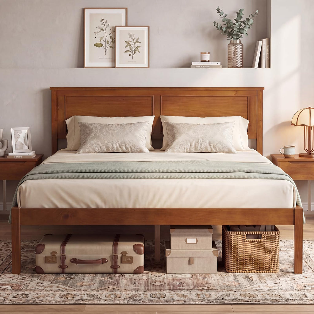 Full Size Bed Frame, Farmhouse Wooden Platform Bed with Headboard