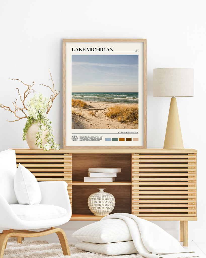 Natural OAK Wood Lake Michigan Framed Wall Art, 12x16in Natural Scenery Canvas Wall Print, Classic Urban City Landmark