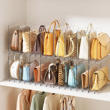 Purse Organizer for Closet, Holds 16 Bags, Clear Acrylic Adjustable Shelf Dividers, Stackable Handbag Storage, Keep