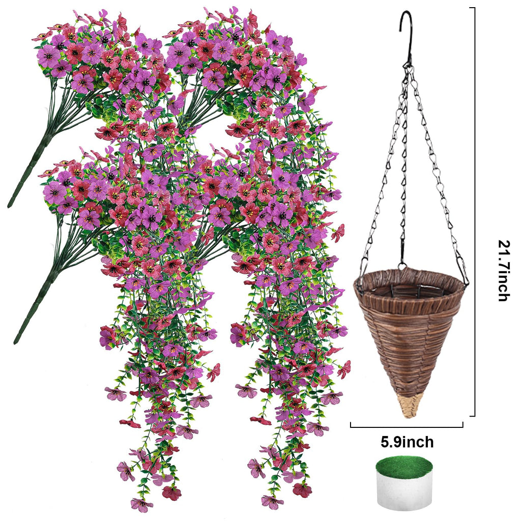 Artificial Hanging Flowers with Basket for Outdoor, 4pcs UV Resistant Silk Fake Daisy Flowers, Faux Flower Plants
