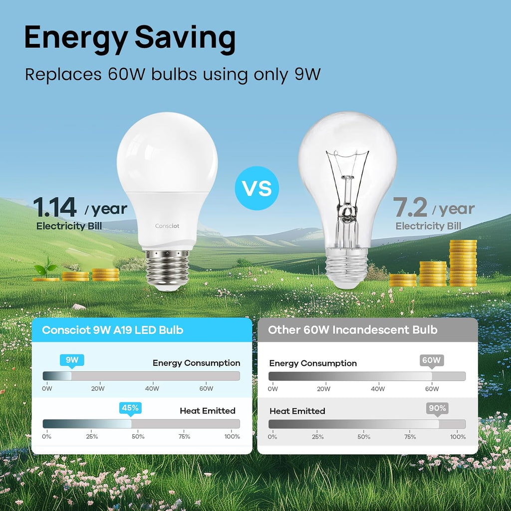 A19 LED Light Bulbs Dimmable, 60W Equivalent, 3000K, 5 Packs