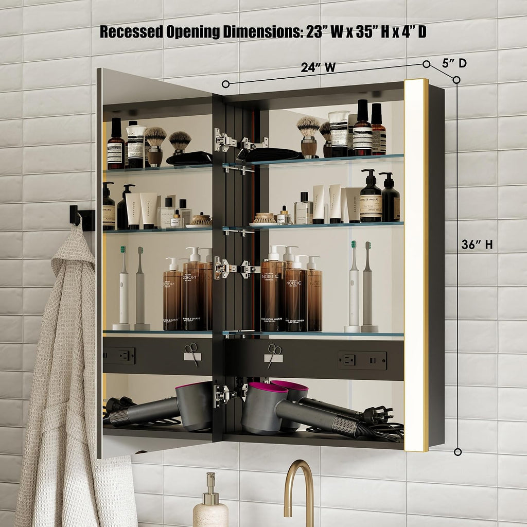 LED Medicine Cabinet with Light, 24x36 in, Gold Frame, Defogging, Adjustable Glass Shelves, Outlet and USB (24x36in)