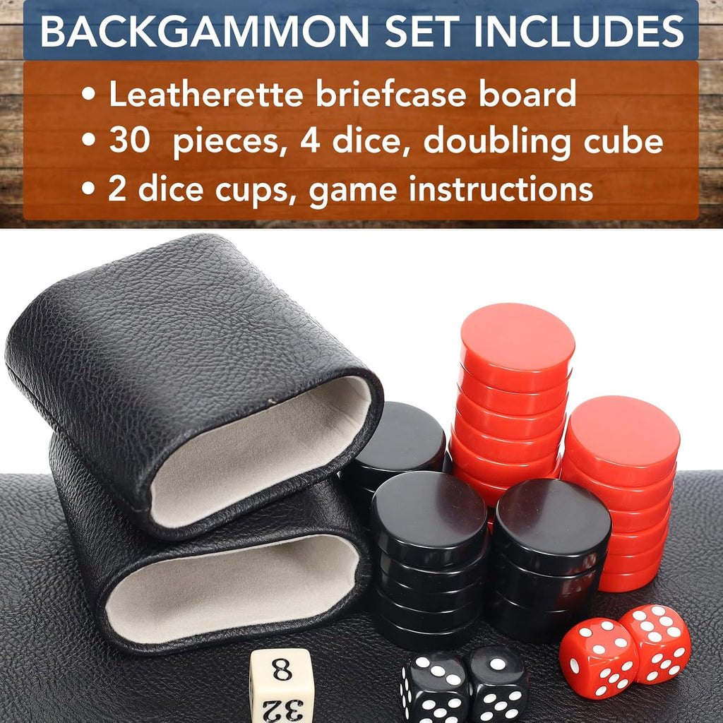 Backgammon Set, Elegant Black Leatherette Case, 21 x 12.5 in. Closed; 25 x 21 in. Open, Family and Adult Board Games