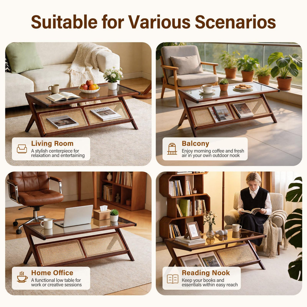 Brown Rattan Coffee Table, Bamboo Glass Top Table with Storage