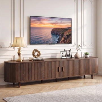 90" TV Stand with Sliding Doors, Mid Century Modern Entertainment Center, TV Console with Fluted Door Cabinets and