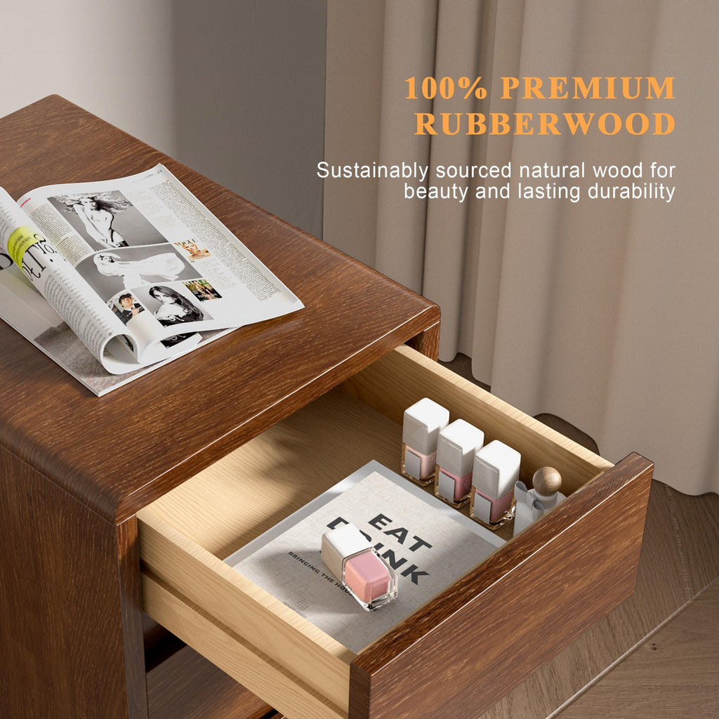 Narrow Nightstand 2 Drawers with Open Shelf Narrow Night Stand Solid Wood Bedside Table Mid Century Modern Nightstand