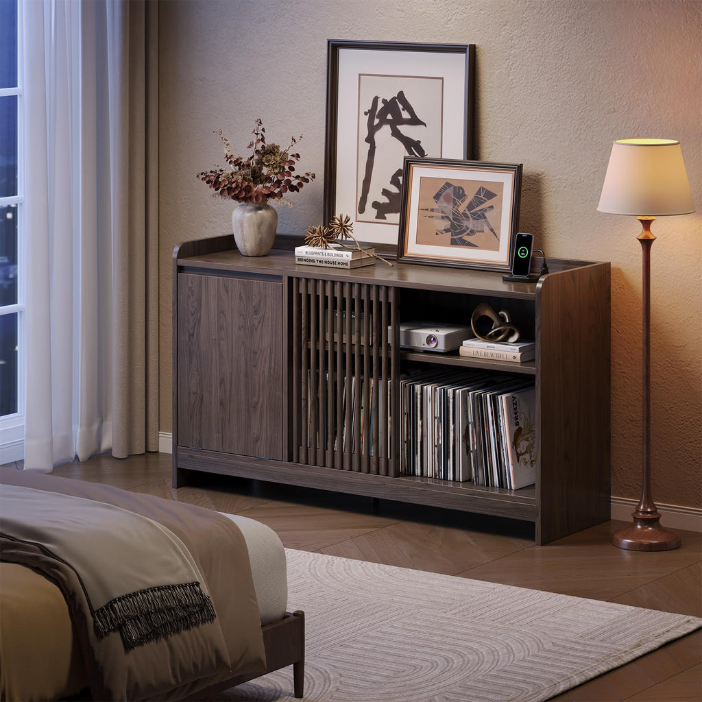 48" Record Player Stand w/Flip-Out Storage Cabinet, Sliding Door