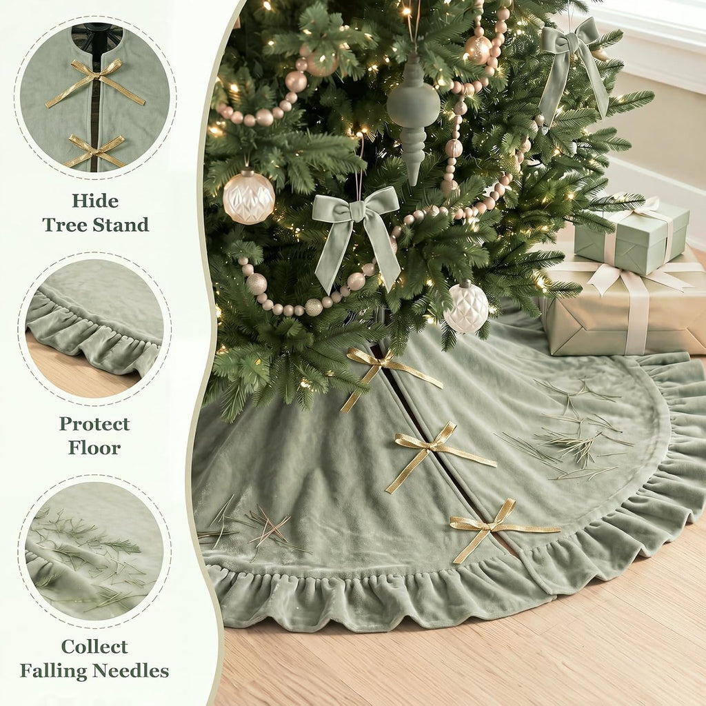 Velvet Christmas Tree Skirt, 48 Inches, Bow Style, Sage Green