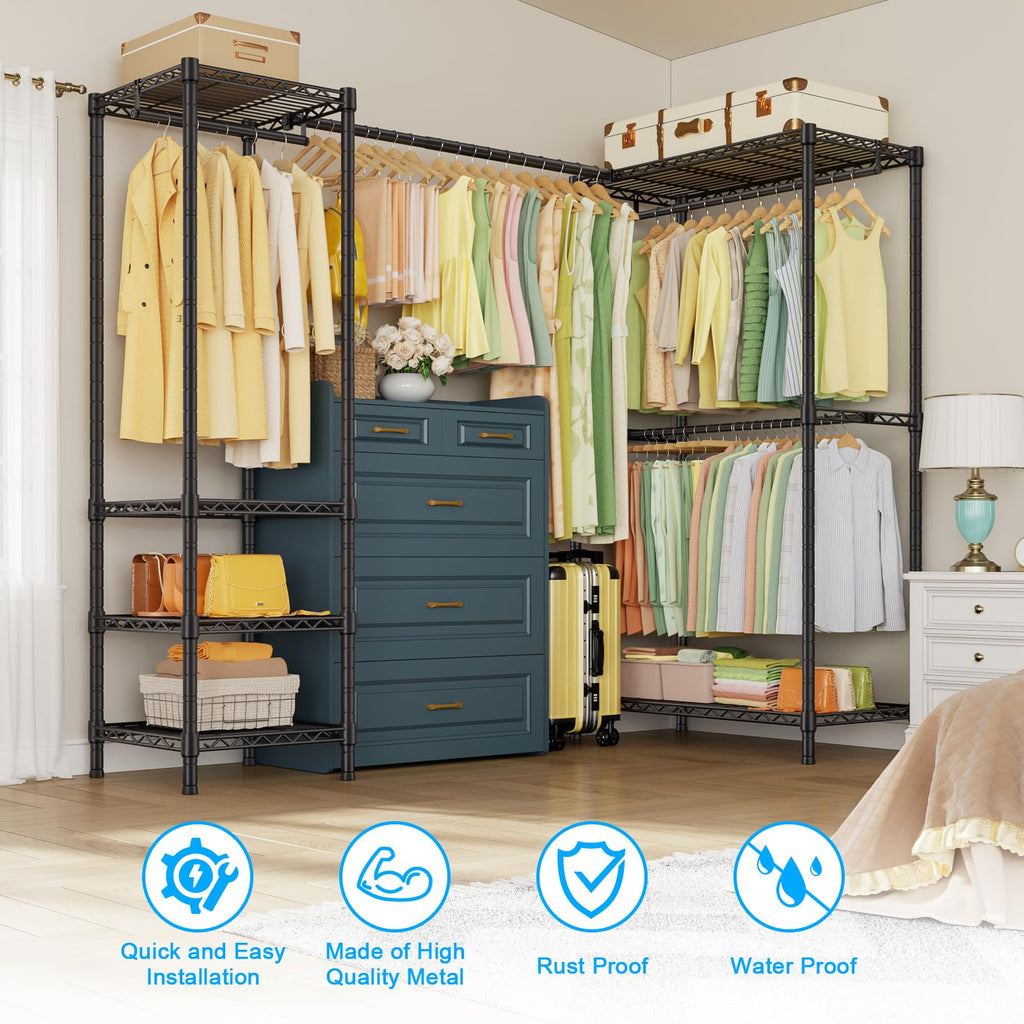 E10L L-Shaped Clothes Rack for Corner(With Expandable Hanger Rod)Heavy Duty Freestanding Clothing Racks for Hanging