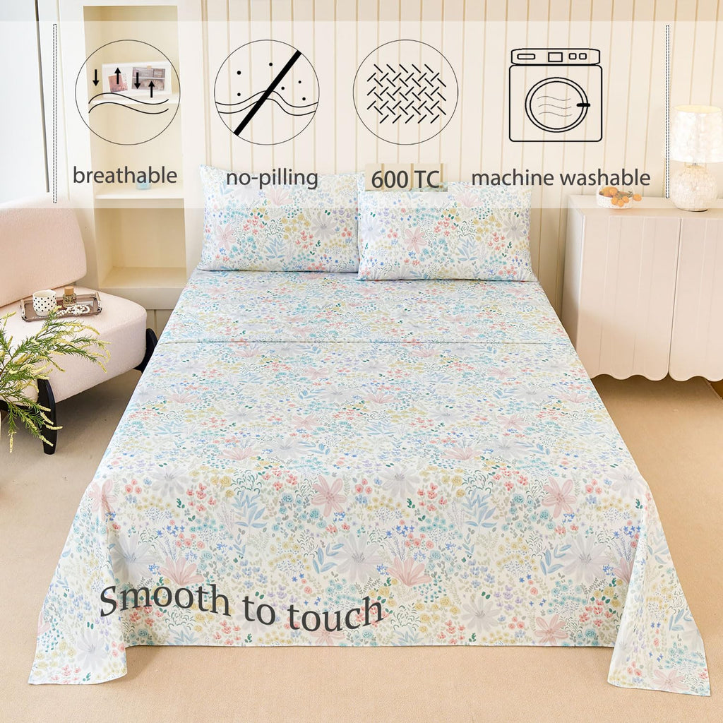 Floral Sheets Full Size 100% Cotton Satin Weave Light Pink Watercolor Bed Sheet Set, Soft Cooling for Hot Sleepers