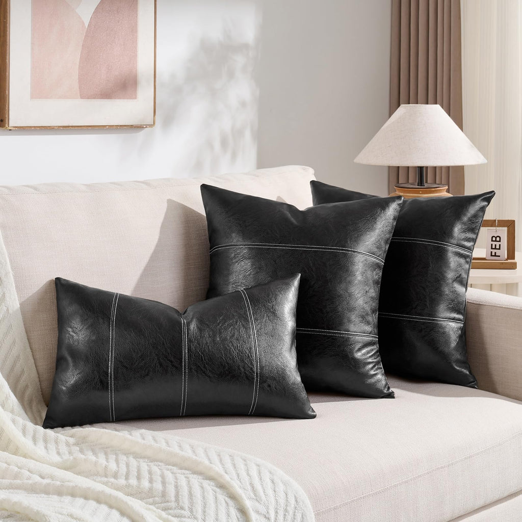 Black Boho Faux Leather Decorative Throw Pillow Covers 20x20 Inch Couch Bed Sofa, Rustic Modern Farmhouse Home Decor