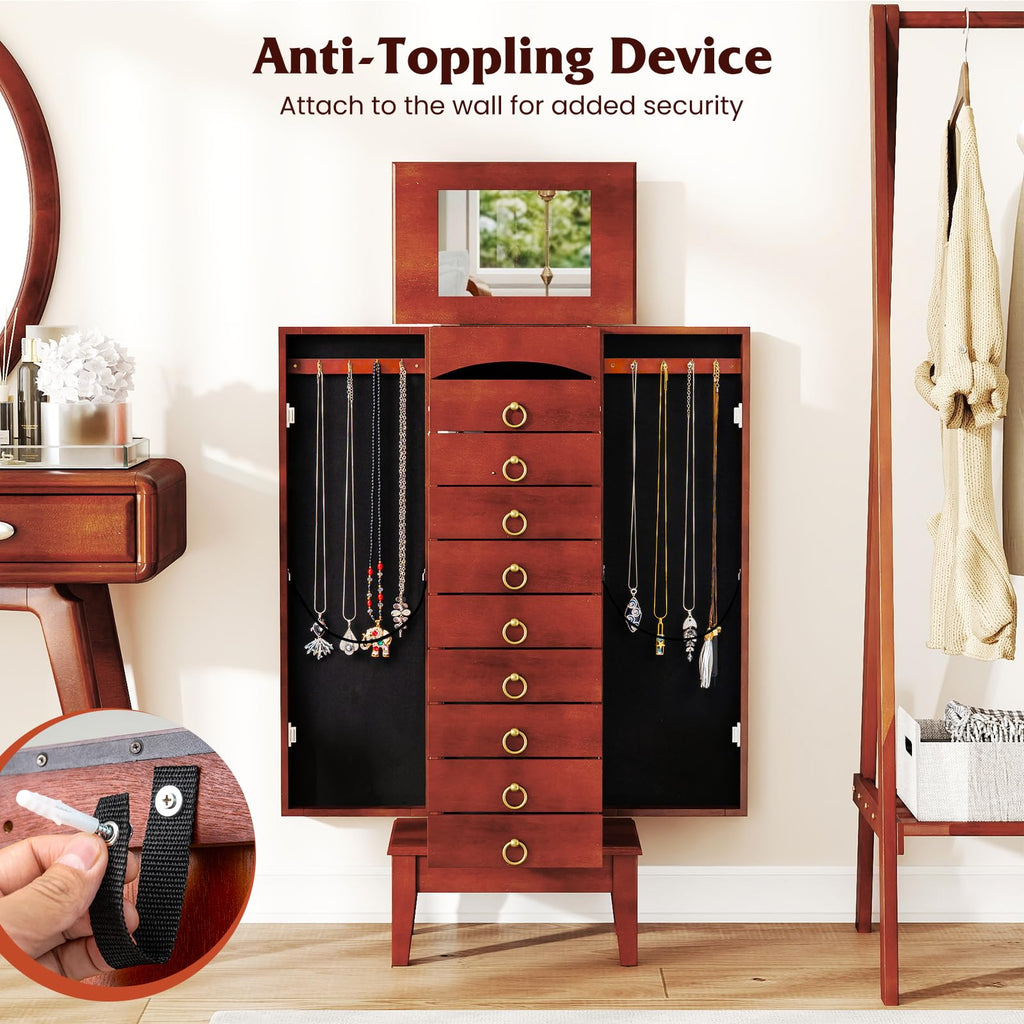 Standing Jewelry Cabinet with 9 Drawers, Flip Top Mirror, Cherry