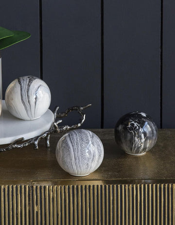 Set of 6 Ceramic Decorative Spheres - Handcrafted Marbleized Orbs, Mixed Gray Tones, Decor, Tabletop Accent, Shelf