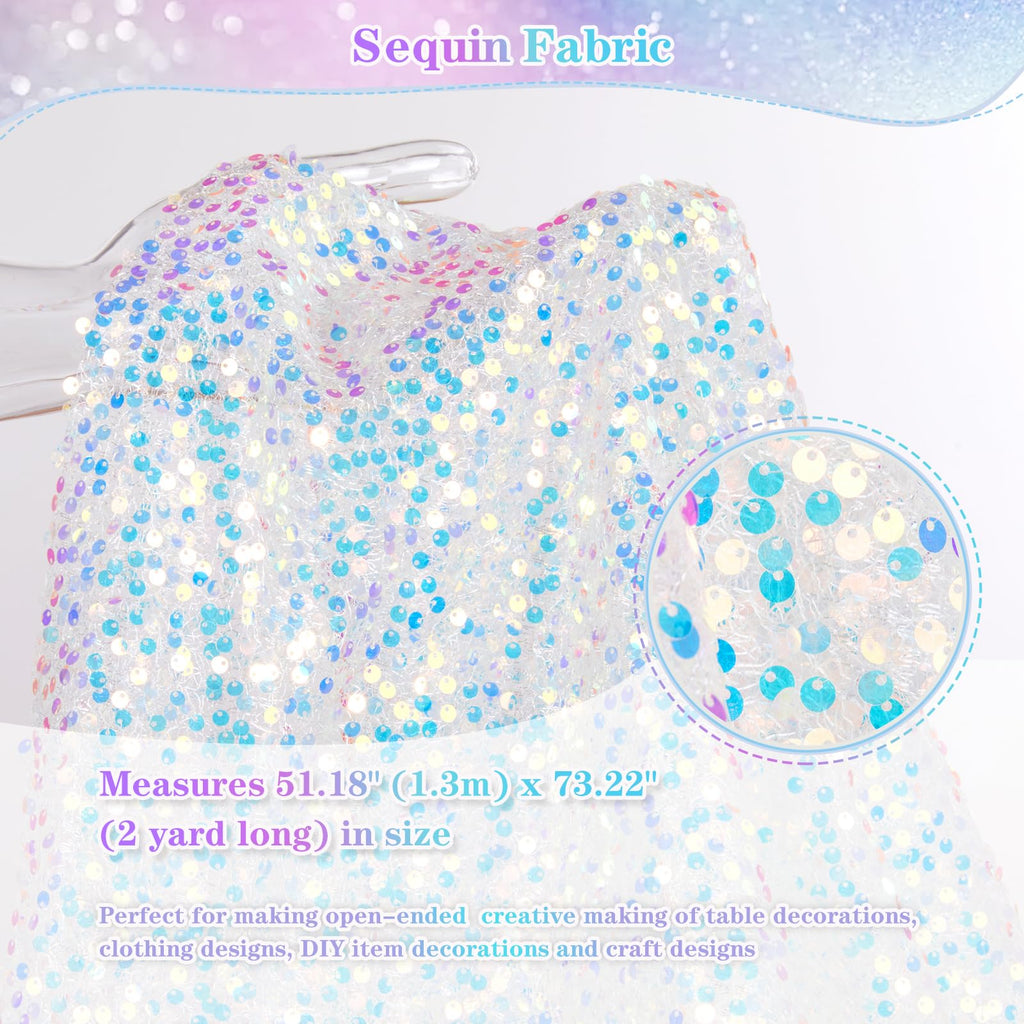 Mermaid Sequin Fabric by The Yard 5MM Iridescent Glitter Mesh Embroidery 2 Yard White Sparkly Fabric for Sewing