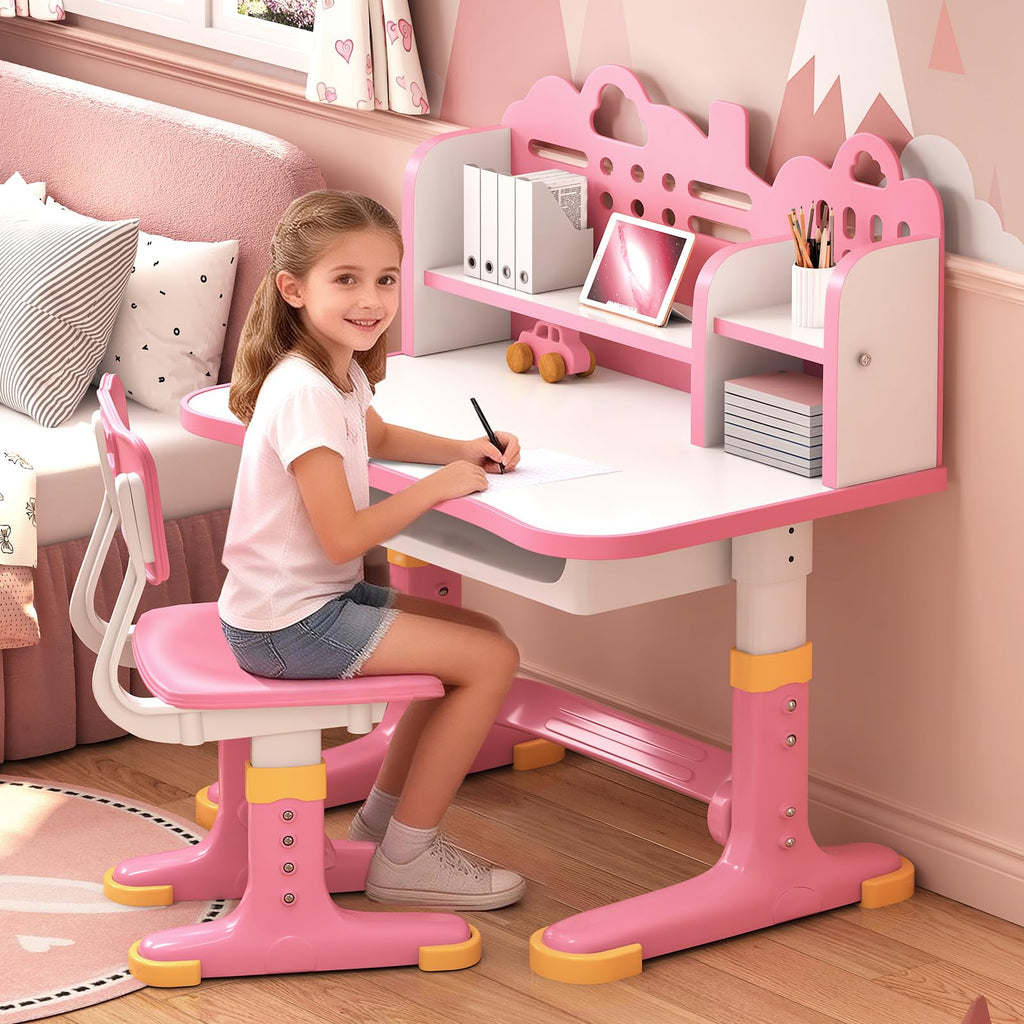 Kids Desk and Chair Set, Height Adjustable with Storage Drawer