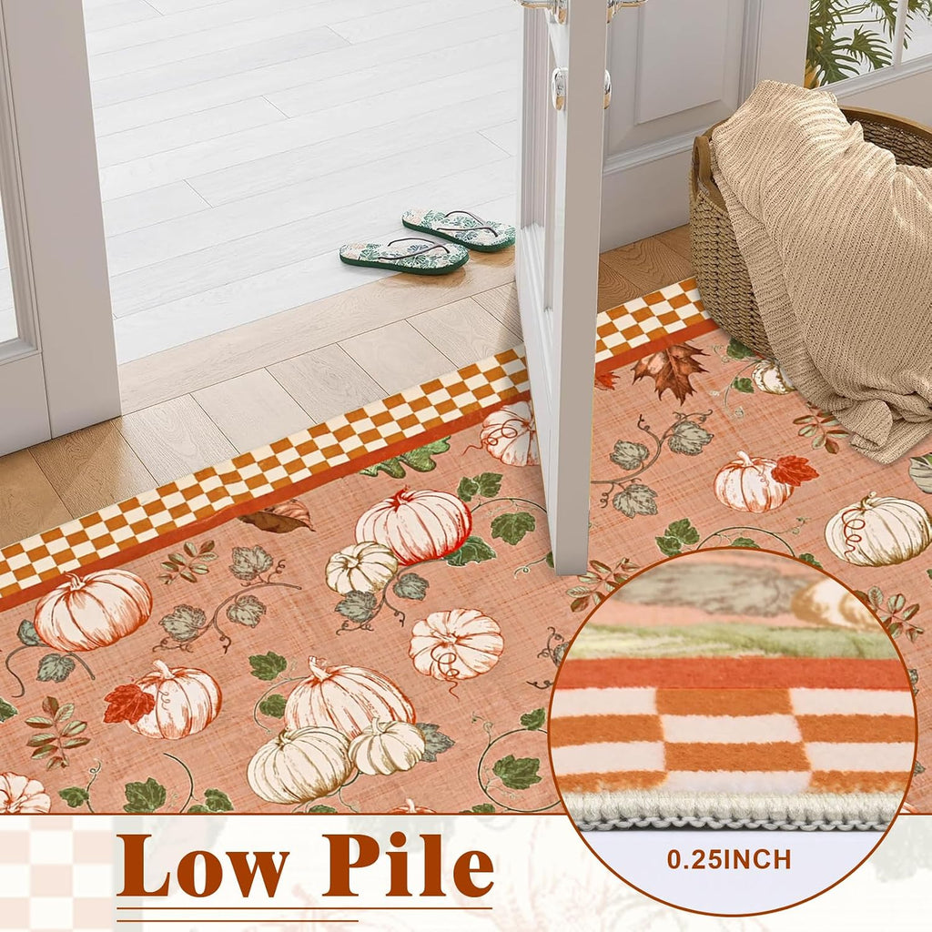 Fall Area Rugs Rug, Thanksgiving-Washable-Rugs-Non Slip Pumpk Rug Low Pile Floor Carpet with Checkered Edge