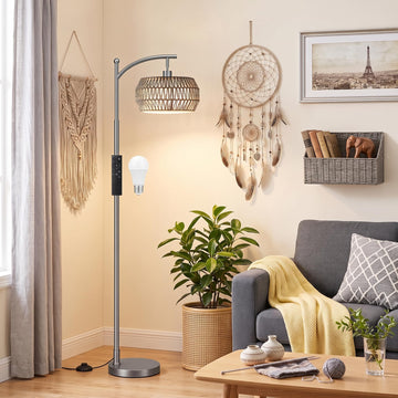 Arc Floor Lamp with Remote & Rattan Double Shades, Gray Bohemian