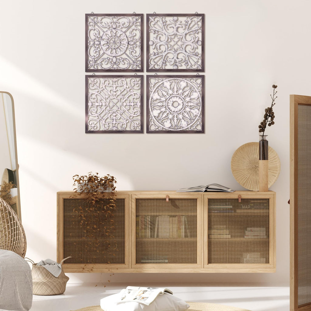 4 Pcs Wood Wall Decor Farmhouse Panels Rustic, Square, Brown, White