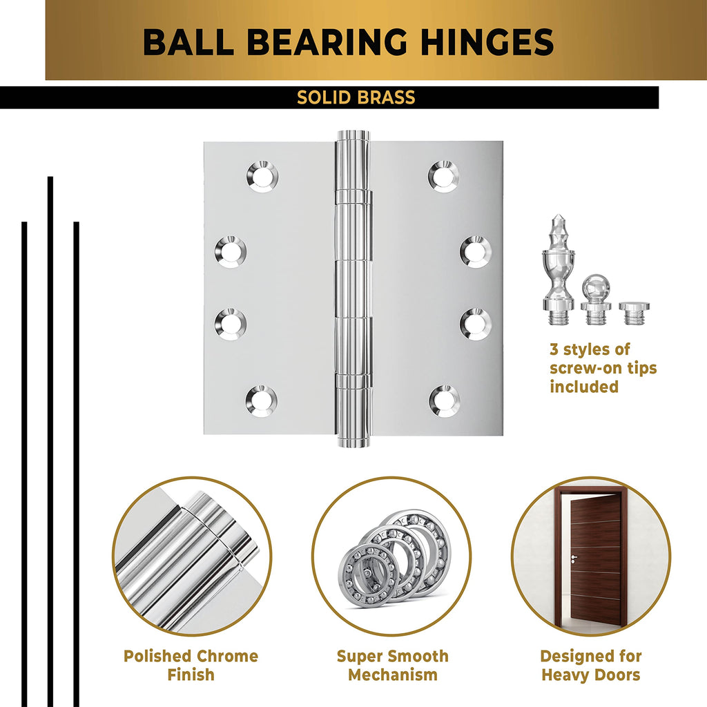 Solid Brass Chrome Door Hinge Heavy Duty Ball Bearing Shiny Silver 4x4 Inch with Decorative Screw-on Tips Included