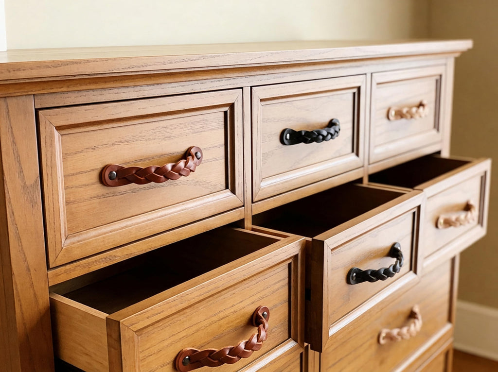 Leather Drawer Pulls - Braided - Cognac - 4 pcs - 6-1/2 x 1 '' - Leather Handle - Leather Dresser Pulls - Cabinet