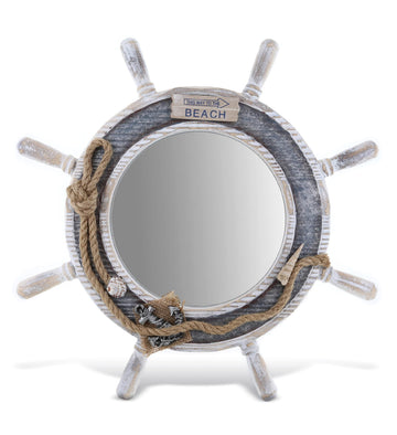 Silver Sea Beach Wall Decor Nautical Ship Wheel Mirror - Handcrafted Wooden Ship Wheel Mirror with Hanger, Nautical