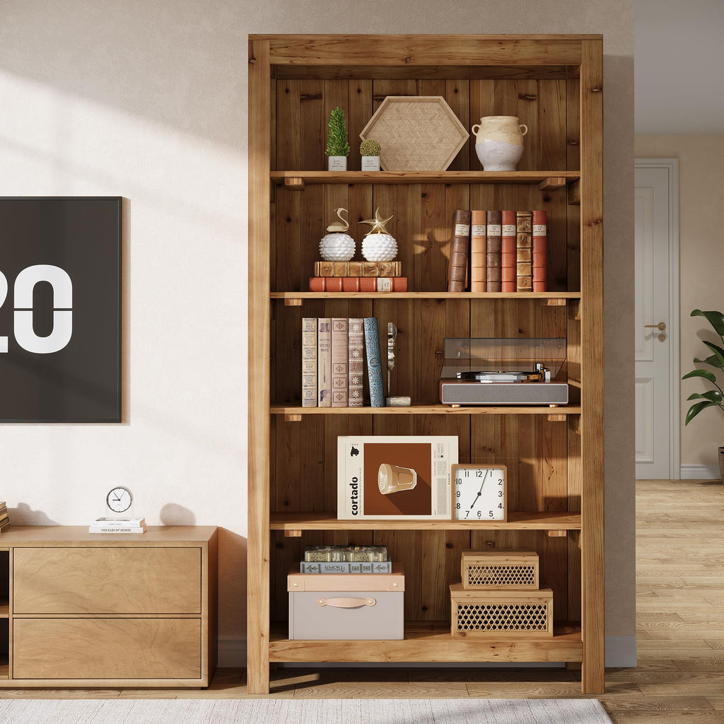 5-Tier Real Wood Bookcase Solid Wood Bookshelf Display Storage Shelf
