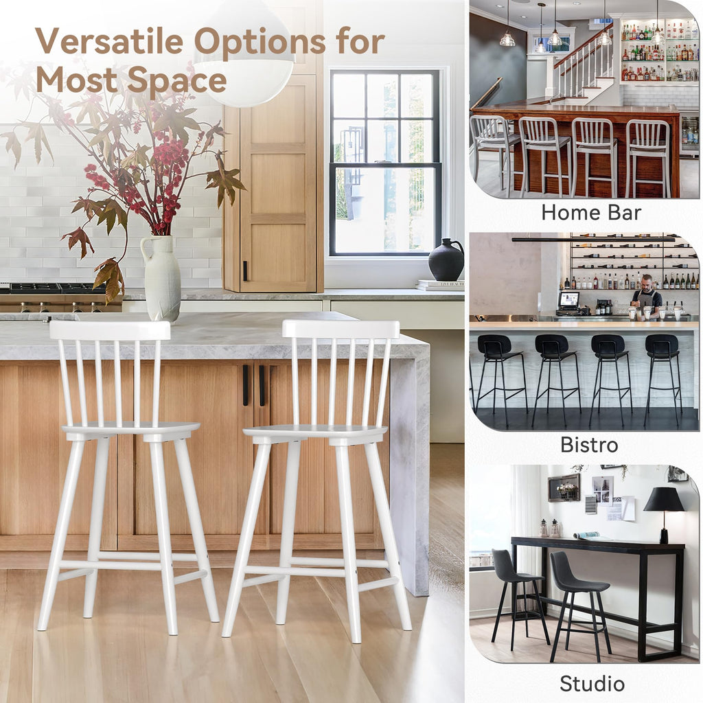 Windsor Wooden Bar Stools Set of 2 Island, Farmhouse 24 Inch Counter Height Stools Chairs with Spindle Back, White