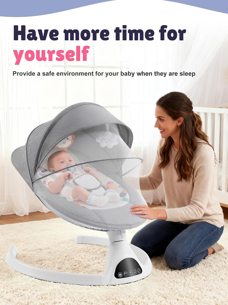 Swing for Infants - Electric Portable Bluetooth Baby Rocker with 5 Speeds, Point Harness, Remote Control, Timing &