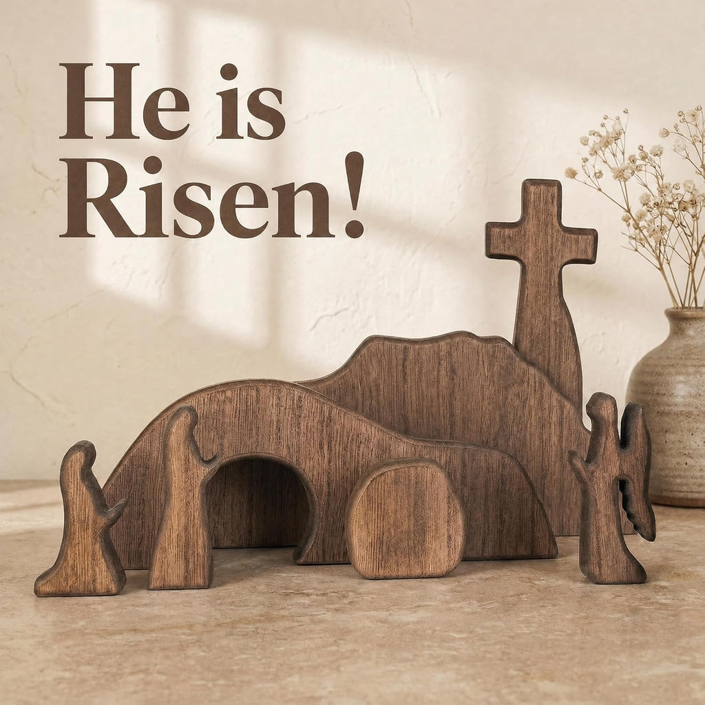 Empty Tomb Easter Scene and Cross Decoration, Wooden Jesus Resurrection Nativity Set, Religious Christian Tabletop - Set of 7