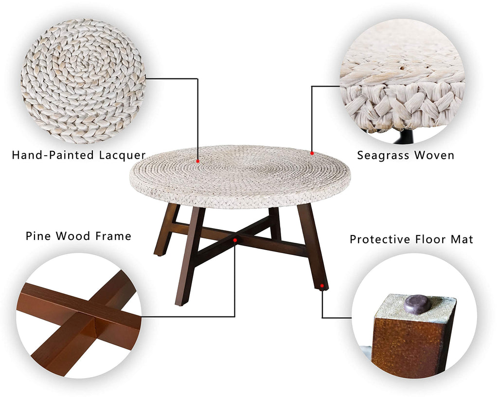 Round Coffee Table, Seagrass Coffee Tables, Pine Wood X Base Frame Cocktail Table, Easy Assembled, Multiple Sizes