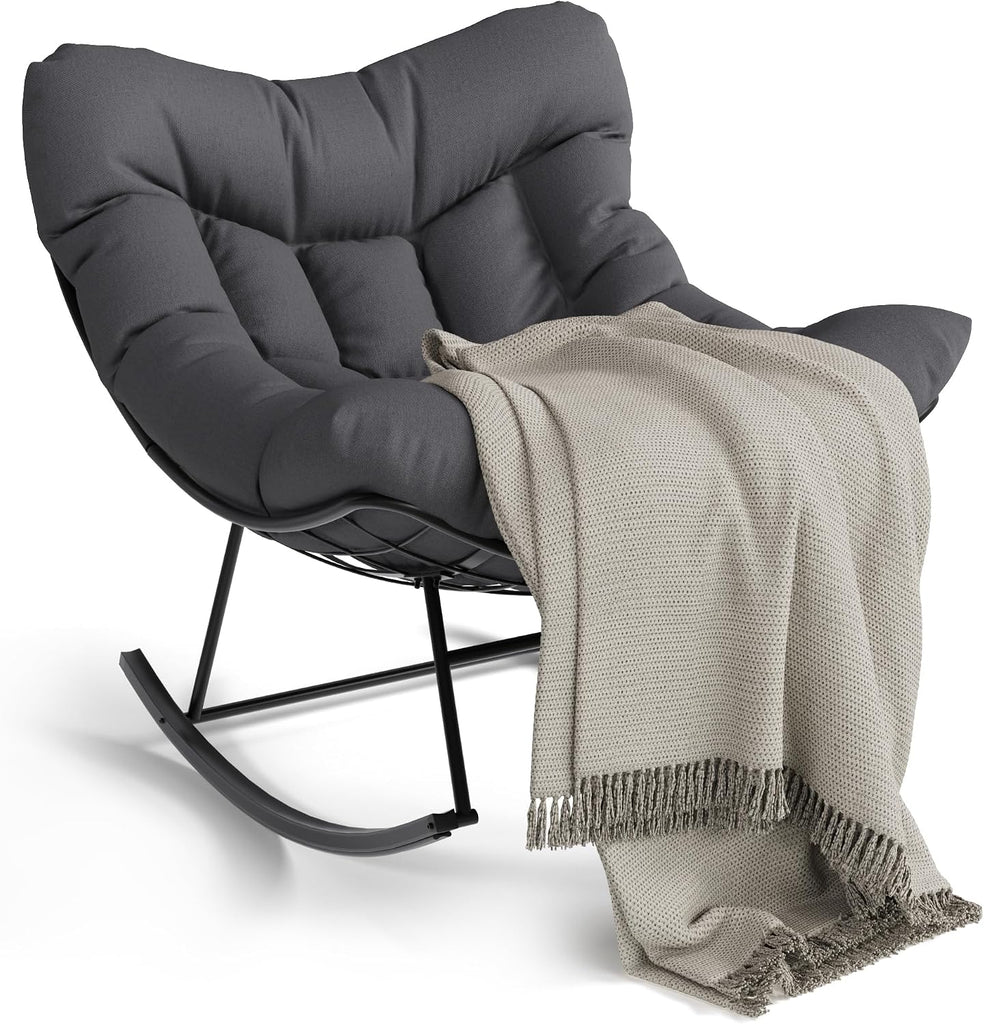Outdoor Papasan Rocking Chair for Balcony Backyard Porch Bedroom | Oversized Rocking Chair with Sturdy Metal Frame
