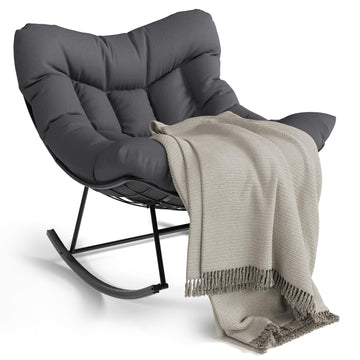 Outdoor Papasan Rocking Chair, Oversized Rocking Chair with Sturdy Metal Frame, Patio Rattan Egg Rocker for Balcony