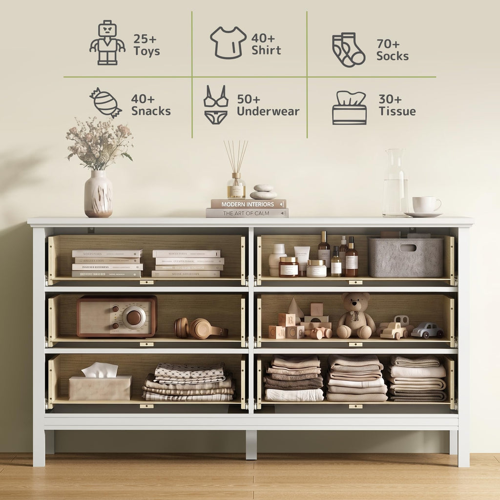 White Dresser, 55" Modern Dresser with 6 Drawers Gold Handles