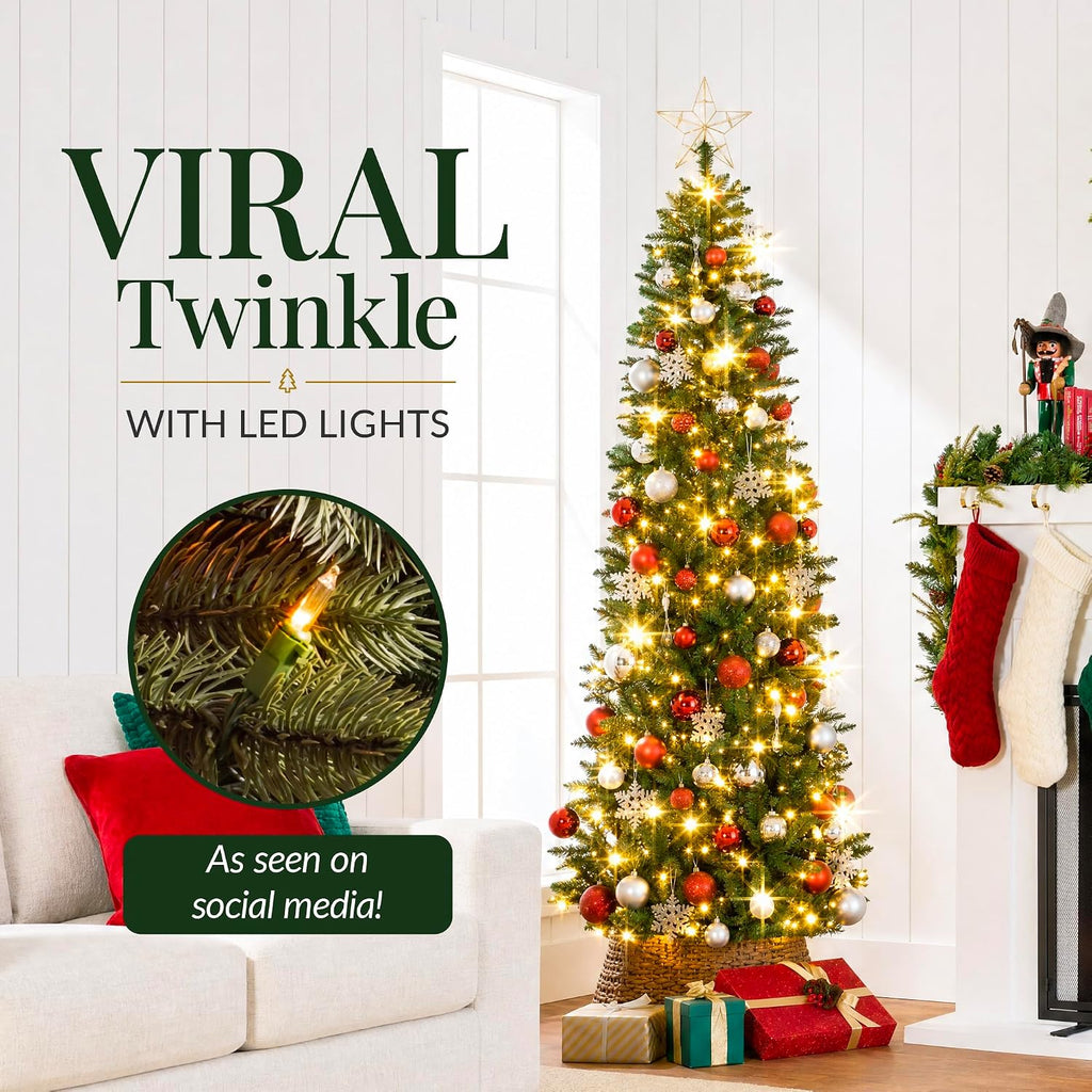 Artificial Pencil Christmas Tree with LED Twinkling Lights, Pre-Lit Spruce Realistic Holiday Xmas Décor, 250