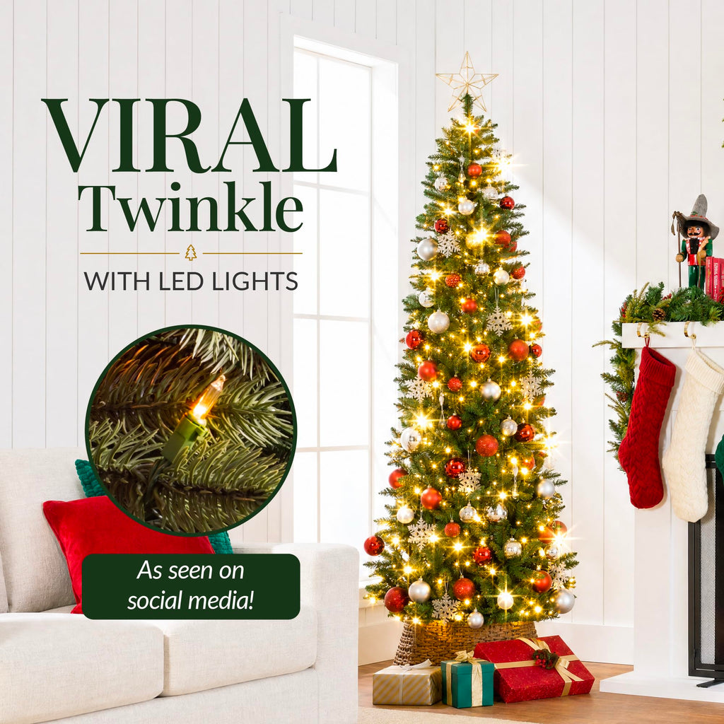 12ft Artificial Pencil Christmas Tree with LED Twinkling Lights, Pre-Lit Spruce Realistic Holiday Xmas Décor, 700