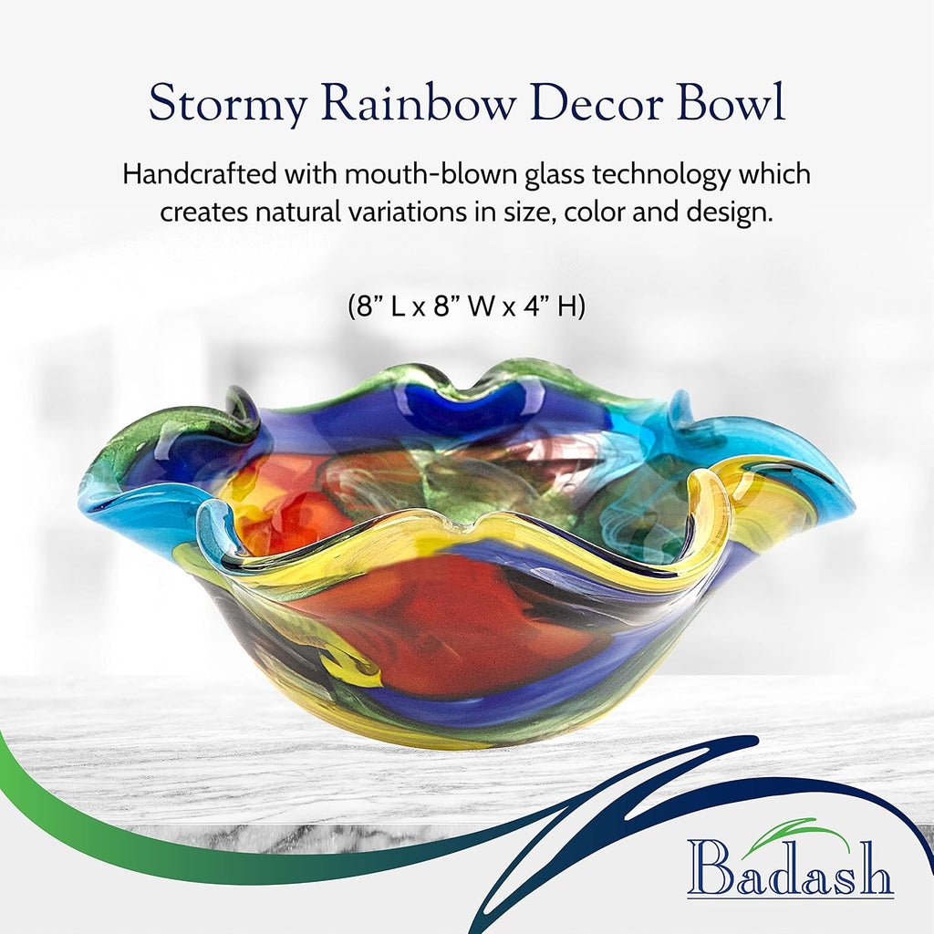 Stormy Rainbow Art Glass - Murano-Style Art Glass Bowl Centerpiece - 8" Mouth-Blown Glass Bowl - Decor Bowl