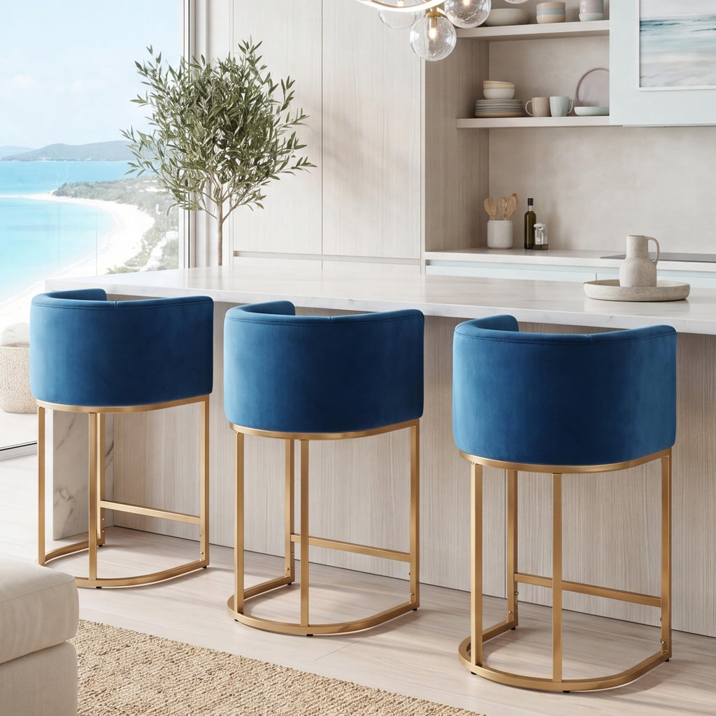 Contemporary Blue Velvet Bar Stools Set of 3, 24" Upholstered Fabric Counter Height Barstools Kitchen Counter Island