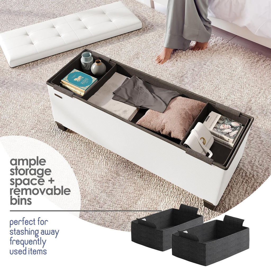 Storage Ottoman Bench with Bins, 43-in Storage Bench End of Bed, Folding Foot Rest Ottoman Max 660lbs, Faux Leather