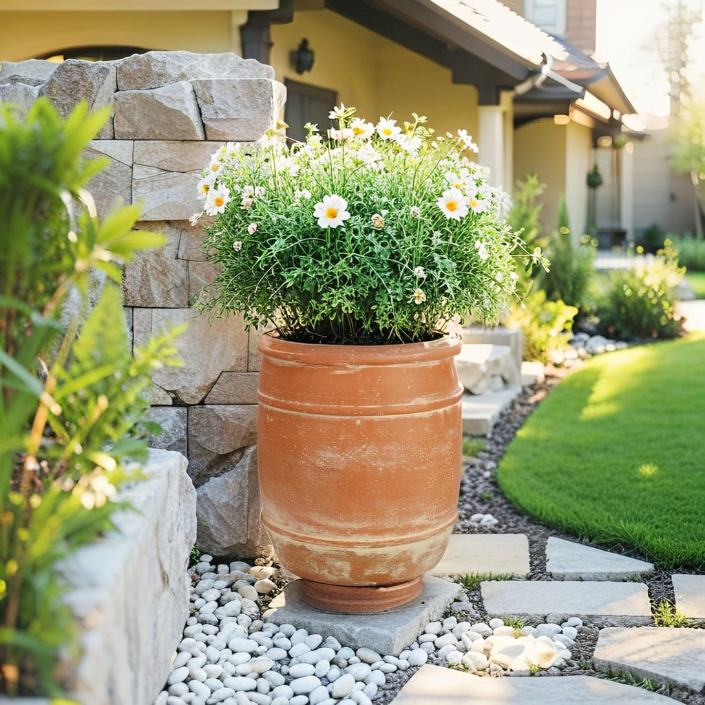 11"H x 9.5" Dia Aged Terracotta Clay Planter Pot with Drainage Hole, Rustic Farmhouse Style Flower Pot with