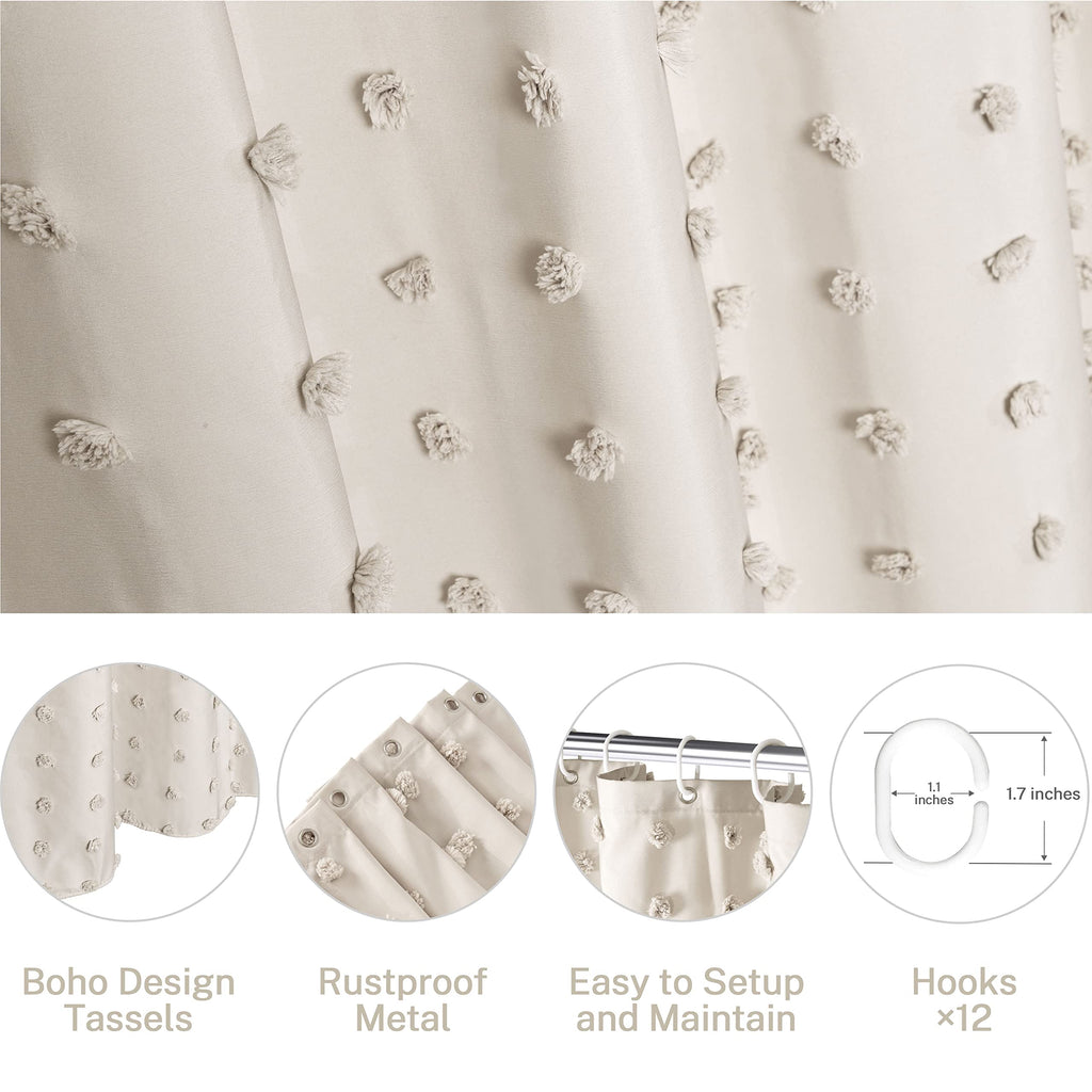Small Stall Boho Shower Curtain Woven Fabric Cute Beige Shower Curtain, 36 x 72 Tufted Pleat Floral Textured Modern
