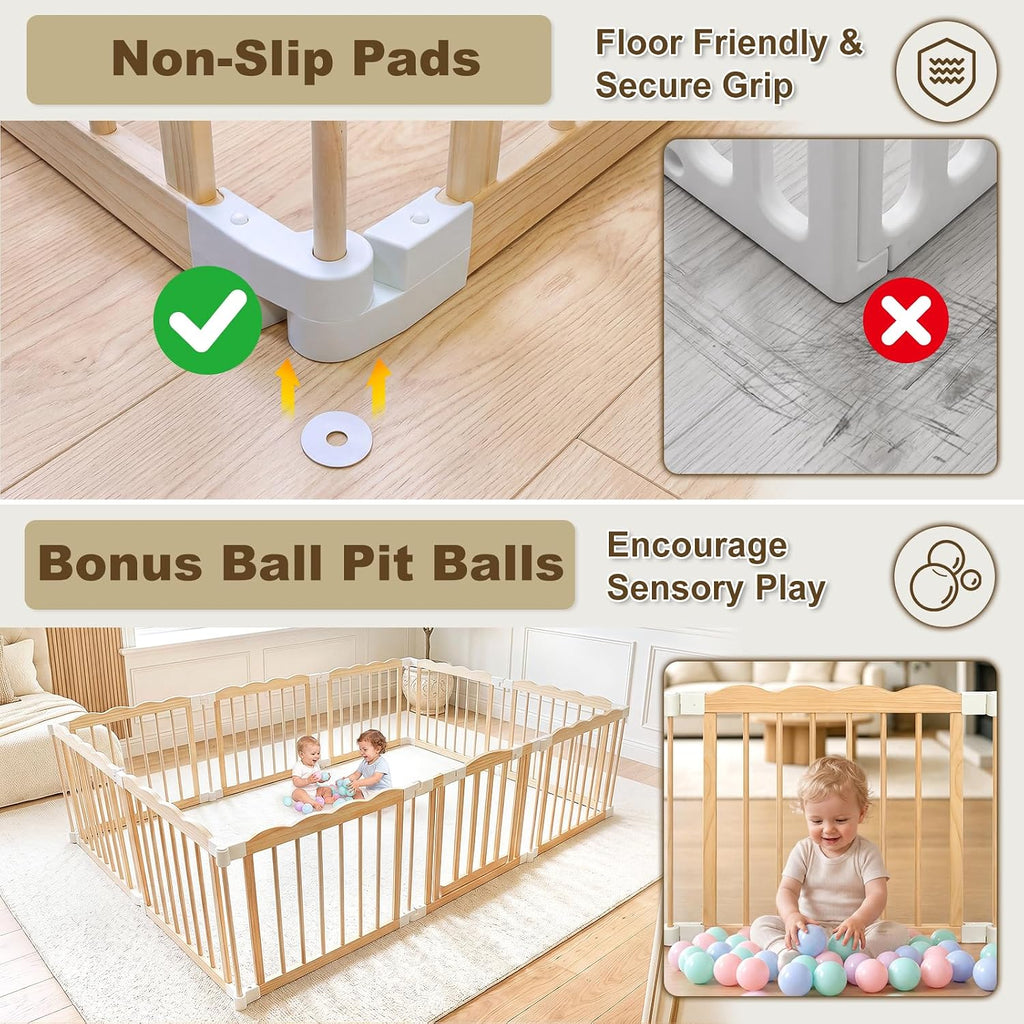 Foldable Wooden Playpen for Babies, Extra Large Play Pen, 90 x 60 x 24 in | Pre-Assembled Wooden Baby Playpen, Ready