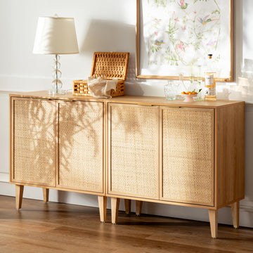 Accent Storage Cabinet Set of 2 Sideboard with Rattan Doors, Boho Buffet Kitchen Bar Cabinet Farmhouse Credenza
