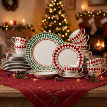 Christmas Argyle Real Gold Trim Porcelain Dinnerware Set, Piece Service for 8 Plates Bowls Mugs