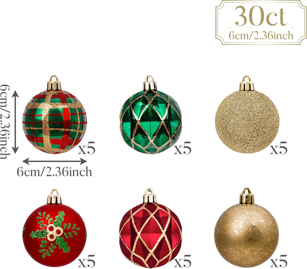 Christmas Tree Decorations Ball Ornaments 2.36 Inches - Set of 30
